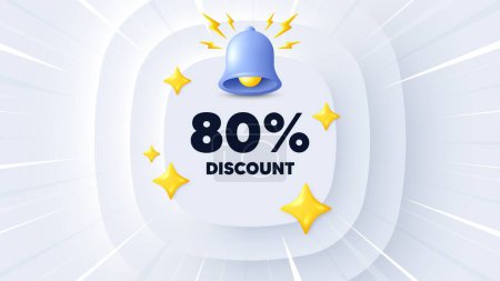 Illustration for 80 percent discount tag. Neumorphic banner with sunburst. Sale offer price sign. Special offer symbol. Discount message. Banner with 3d bell. Circular neumorphic template. Vector - Royalty Free Image
