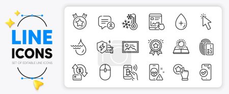 Illustration for Loyalty award, Internet report and Car charging line icons set for app include Ranking star, Photo, Card outline thin icon. Cursor, Money transfer, Approved phone pictogram icon. Vector - Royalty Free Image