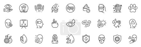Illustration for Icons pack as Hypoallergenic tested, Nurse and Coronavirus line icons for app include Dog paw, Mental health, Recovered person outline thin icon web set. Health eye, Vision board. Vector - Royalty Free Image