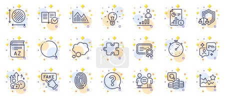 Illustration for Outline set of Investment graph, Stats and Speech bubble line icons for web app. Include Approved documentation, Consulting, Ranking stars pictogram icons. Certificate, Vocabulary. Vector - Royalty Free Image