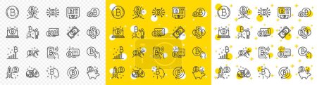 Ilustración de Conjunto de Blockchain, Crypto ICO puesta en marcha e iconos de Bitcoin. Iconos de línea criptomoneda. Minería, cambio de criptomonedas, pico de oro. Bitcoin ATM, criptomonedas, mercados financieros ico, blockchain. Vector - Imagen libre de derechos