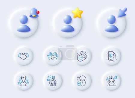 Illustration for Uv protection, Group and Leadership line icons. Placeholder with 3d cursor, bell, star. Pack of Wash hands, Parking app, Social responsibility icon. Handshake, Noise pictogram. Vector - Royalty Free Image