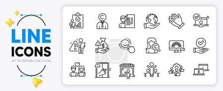 Illustration for Inspect, Lgbt and Couple love line icons set for app include Teamwork, Market seller, Approved checkbox outline thin icon. Dont touch, Search employee, Clapping hands pictogram icon. Vector - Royalty Free Image