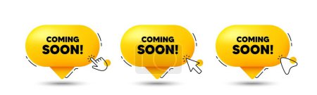 Illustration for Coming soon tag. Click here buttons. Promotion banner sign. New product release symbol. Coming soon speech bubble chat message. Talk box infographics. Vector - Royalty Free Image