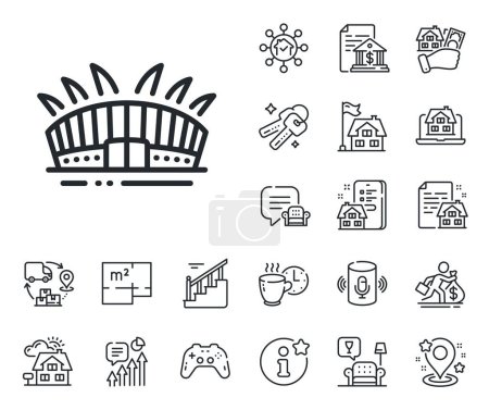 Illustration for Sport complex sign. Floor plan, stairs and lounge room outline icons. Arena stadium line icon. Championship building symbol. Arena stadium line sign. House mortgage, sell building icon. Vector - Royalty Free Image