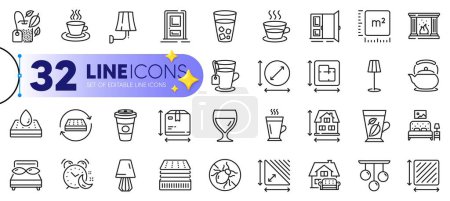 Illustration for Outline set of Latte, Ceiling lamp and Takeaway coffee line icons for web with Entrance, Deluxe mattress, Waterproof mattress thin icon. Open door, Tea, Wall lamp pictogram icon. Vector - Royalty Free Image