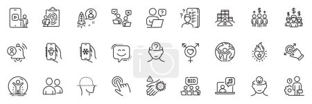 Illustration for Icons pack as Meeting, Phone video and User notification line icons for app include Recovered person, Cursor, Face scanning outline thin icon web set. Music, Global business. Vector - Royalty Free Image