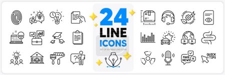 Illustration for Icons set of Search employee, Bar diagram and Idea line icons pack for app with Quick tips, Court building, Chemical hazard thin outline icon. Consulting, Video conference. Vector - Royalty Free Image