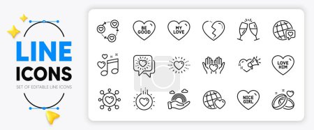 Illustration for Heart, Dating and Nice girl line icons set for app include Friends world, Love him, Broken heart outline thin icon. Love music, Friends community, Be good pictogram icon. Vector - Royalty Free Image