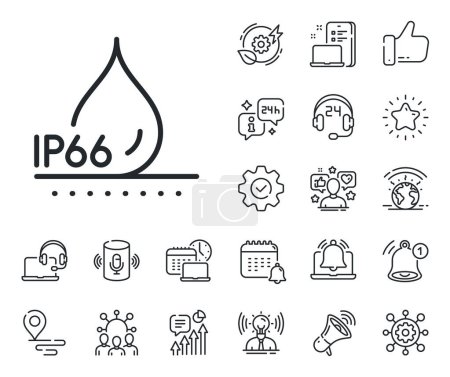 Illustration for Water resistant ip66 sign. Place location, technology and smart speaker outline icons. Waterproof line icon. Drop protection symbol. Waterproof line sign. Influencer, brand ambassador icon. Vector - Royalty Free Image