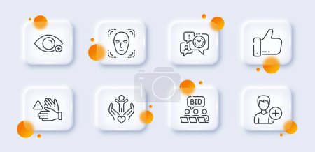Illustration for Volunteer, Online auction and Add person line icons pack. 3d glass buttons with blurred circles. Farsightedness, Like, Time management web icon. Dont touch, Face detection pictogram. Vector - Royalty Free Image