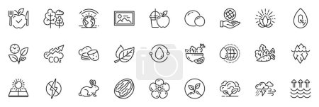 Illustration for Icons pack as Antistatic, Photo and Cold-pressed oil line icons for app include Natural linen, Leaf, Vegetables outline thin icon web set. Pecan nut, Co2 gas, Potato pictogram. Vector - Royalty Free Image