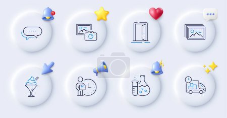 Illustration for Delivery man, Dots message and Photo camera line icons. Buttons with 3d bell, chat speech, cursor. Pack of Open door, Image gallery, Ice cream icon. Delivery, Chemistry flask pictogram. Vector - Royalty Free Image