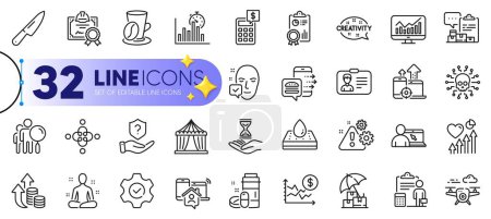 Illustration for Outline set of Inspect, Report timer and Waterproof mattress line icons for web with Heart beat, Face accepted, Inflation thin icon. Inventory report, Circus tent, Warning pictogram icon. Vector - Royalty Free Image