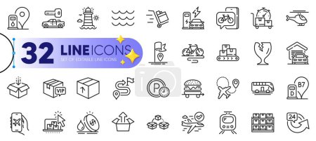 Illustration for Outline set of Garage, Lighthouse and Diesel station line icons for web with Online storage, Charging station, Journey thin icon. Push cart, Bike app, Fragile package pictogram icon. Vector - Royalty Free Image