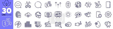 Illustration for Presentation, Loyalty points and Cut line icons pack. Smile face, Phone, Electric energy web icon. Money currency, Cloud computing, Wholesale inventory pictogram. Lock. Design with pen tool. Vector - Royalty Free Image