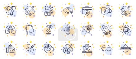 Illustration for Outline set of Apartment insurance, Electronic thermometer and Hospital line icons for web app. Include Head, Medical cleaning, Riboflavin vitamin pictogram icons. Medical insurance. Vector - Royalty Free Image