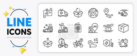 Illustration for Send box, Return package and Passport line icons set for app include Food delivery, Place, Medical helicopter outline thin icon. Journey, Bicycle parking, Gas station pictogram icon. Vector - Royalty Free Image