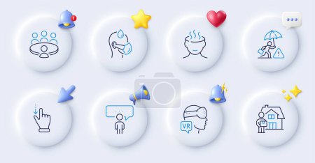 Illustration for Delivery man, Stress and Consulting business line icons. Buttons with 3d bell, chat speech, cursor. Pack of Risk management, Meeting, Augmented reality icon. Vector - Royalty Free Image