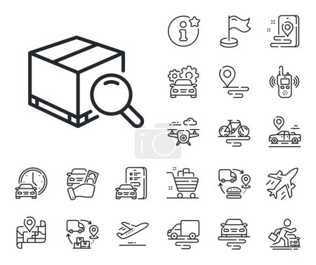 Illustration for Delivery box sign. Plane, supply chain and place location outline icons. Search package line icon. Parcel tracking symbol. Search package line sign. Taxi transport, rent a bike icon. Vector - Royalty Free Image