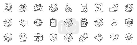 Illustration for Icons pack as Vaccine report, Vitamin h1 and Volunteer line icons for app include Vitamin k, Coronavirus, Shield outline thin icon web set. Insurance policy, Digestion, Boron mineral pictogram. Vector - Royalty Free Image