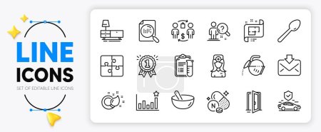 Illustration for Reward, Search file and Spoon line icons set for app include Paint brush, Medical analyzes, Cooking mix outline thin icon. Efficacy, Architectural plan, Incoming mail pictogram icon. Vector - Royalty Free Image