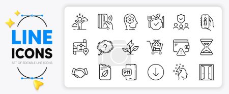 Illustration for Contactless payment, Cross sell and Emergency call line icons set for app include Brain working, Vegetarian food, Map outline thin icon. Canister, Question mark, Eco power pictogram icon. Vector - Royalty Free Image
