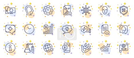 Illustration for Outline set of Manual, Recovery computer and International globe line icons for web app. Include Head, Cogwheel blueprint, Psychology pictogram icons. World weather, 5g wifi, Report signs. Vector - Royalty Free Image