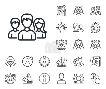 Illustration for Users or Teamwork sign. Specialist, doctor and job competition outline icons. Group line icon. Male and Female Person silhouette symbol. Teamwork line sign. Vector - Royalty Free Image