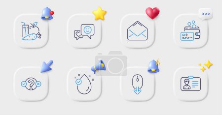 Illustration for Mail, Quiz test and Vitamin e line icons. Buttons with 3d bell, chat speech, cursor. Pack of Identification card, Smile, Scroll down icon. Juice, Card pictogram. For web app, printing. Vector - Royalty Free Image