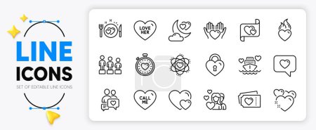 Illustration for Love message, Equality and Heart line icons set for app include Couple, Heart flame, Heartbeat timer outline thin icon. Love letter, Romantic dinner, Honeymoon cruise pictogram icon. Vector - Royalty Free Image