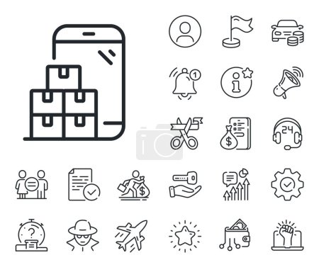 Illustration for Wholesale app sign. Salaryman, gender equality and alert bell outline icons. Mobile inventory line icon. Warehouse boxes symbol. Mobile inventory line sign. Spy or profile placeholder icon. Vector - Royalty Free Image