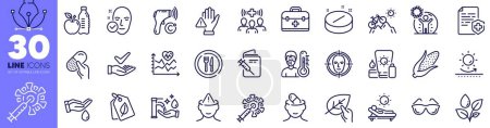 Illustration for Dont touch, Corn and Washing hands line icons pack. Coronavirus vaccine, Organic tested, First aid web icon. Healthy food, Wash hands, Medical staff pictogram. Dermatologically tested. Vector - Royalty Free Image