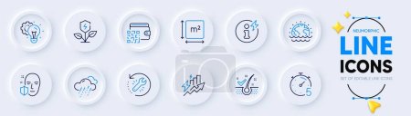 Illustration for Power info, Anti-dandruff flakes and Square area line icons for web app. Pack of Idea gear, Qr code, Rainy weather pictogram icons. Consumption growth, Recovery tool, Face protection signs. Vector - Royalty Free Image