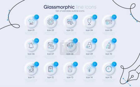 Illustration for Set of Time, Notification bell and Ambulance transport line icons for web app. Washing machine, Idea, Water bottle icons. Accounting checklist, Smartphone payment, Calendar tax signs. Vector - Royalty Free Image
