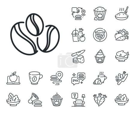 Illustration for Hot drink sign. Crepe, sweet popcorn and salad outline icons. Coffee beans line icon. Whole bean beverage symbol. Coffee-berry beans line sign. Pasta spaghetti, fresh juice icon. Supply chain. Vector - Royalty Free Image