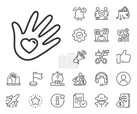 Illustration for Hand with heart sign. Salaryman, gender equality and alert bell outline icons. Social responsibility line icon. Charity symbol. Social responsibility line sign. Spy or profile placeholder icon. Vector - Royalty Free Image