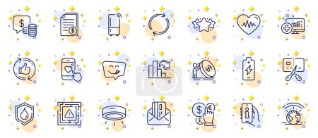 Illustration for Outline set of Maze attention, Heartbeat and Info app line icons for web app. Include Greenhouse, Heart rating, Medical analytics pictogram icons. Waterproof, Money currency, Led lamp signs. Vector - Royalty Free Image
