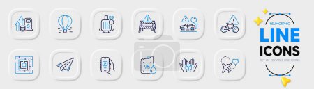 Illustration for Exhaust, Baggage scales and Warning road line icons for web app. Pack of Hold box, Parking app, Fuel price pictogram icons. Honeymoon travel, Petrol canister, Paper plane signs. Vector - Royalty Free Image
