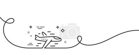 Illustration for Airplane line icon. Continuous one line with curl. Plane flight transport sign. Aircraft symbol. Airplane single outline ribbon. Loop curve pattern. Vector - Royalty Free Image