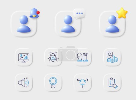 Illustration for Inspect, Analytics graph and Software bug line icons. Placeholder with 3d star, reminder bell, chat. Pack of Loud sound, Genders, Checklist icon. Reward, Chess pictogram. For web app, printing. Vector - Royalty Free Image