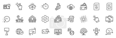 Illustration for Icons pack as Work home, Timer and Microphone line icons for app include Time schedule, Delete file, Open box outline thin icon web set. Move gesture, Execute, Target path pictogram. Vector - Royalty Free Image
