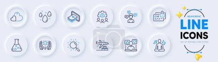 Illustration for Cash, Yoga music and Card line icons for web app. Pack of Delivery plane, Rainy weather, Engineering team pictogram icons. Care, Social media, Chemistry lab signs. Search, Ranking. Vector - Royalty Free Image