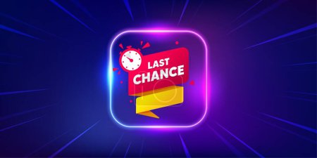 Illustration for Last chance offer banner. Neon light frame offer banner. Sale timer tag. Countdown clock promo icon. Last chance promo event flyer, poster. Sunburst neon coupon. Flash special deal. Vector - Royalty Free Image