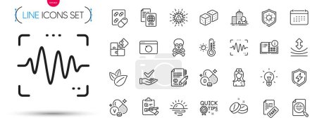 Illustration for Pack of Sun protection, Weather thermometer and Inspect line icons. Include Recovery internet, Chemical hazard, Copywriting pictogram icons. Dermatologically tested, Resilience. Vector - Royalty Free Image