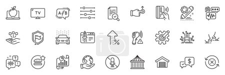 Illustration for Icons pack as Car wash, Puzzle options and Voicemail line icons for app include Carousels, Report document, Start business outline thin icon web set. Save planet, Increasing percent. Vector - Royalty Free Image