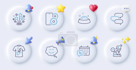 Illustration for Fireworks stars, Smile chat and Microscope line icons. Buttons with 3d bell, chat speech, cursor. Pack of Talk bubble, T-shirt design, Discounts calendar icon. Vector - Royalty Free Image