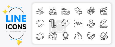 Illustration for Synchronize, Scarf and Veins line icons set for app include Dermatologically tested, Aluminium mineral, Eco power outline thin icon. Fast food, Blood, Strategy pictogram icon. Employee. Vector - Royalty Free Image