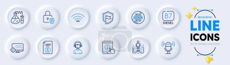 Illustration for Diesel, Scroll down and Microphone line icons for web app. Pack of Wifi, Technical info, Cable section pictogram icons. Seo, Consultant, Fingerprint lock signs. Shield, Augmented reality. Vector - Royalty Free Image