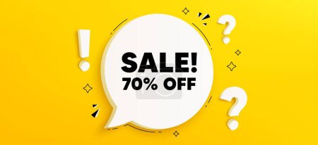 Illustration for Sale 70 percent off discount. Chat speech bubble banner with questions. Promotion price offer sign. Retail badge symbol. Sale speech bubble message. Quiz chat box. Vector - Royalty Free Image